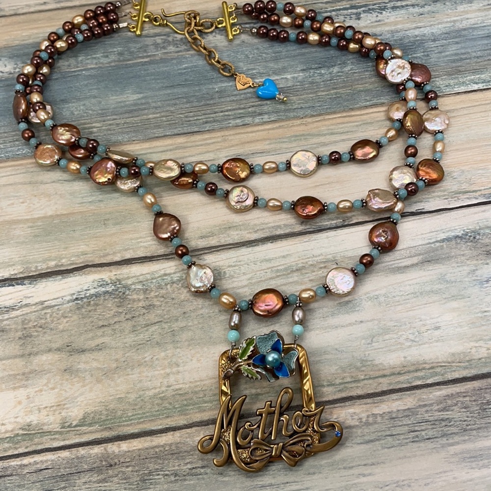 👑Adorned Crown Artisan Assemblage enamel flower beaded pearl mother necklace - Picture 4 of 10